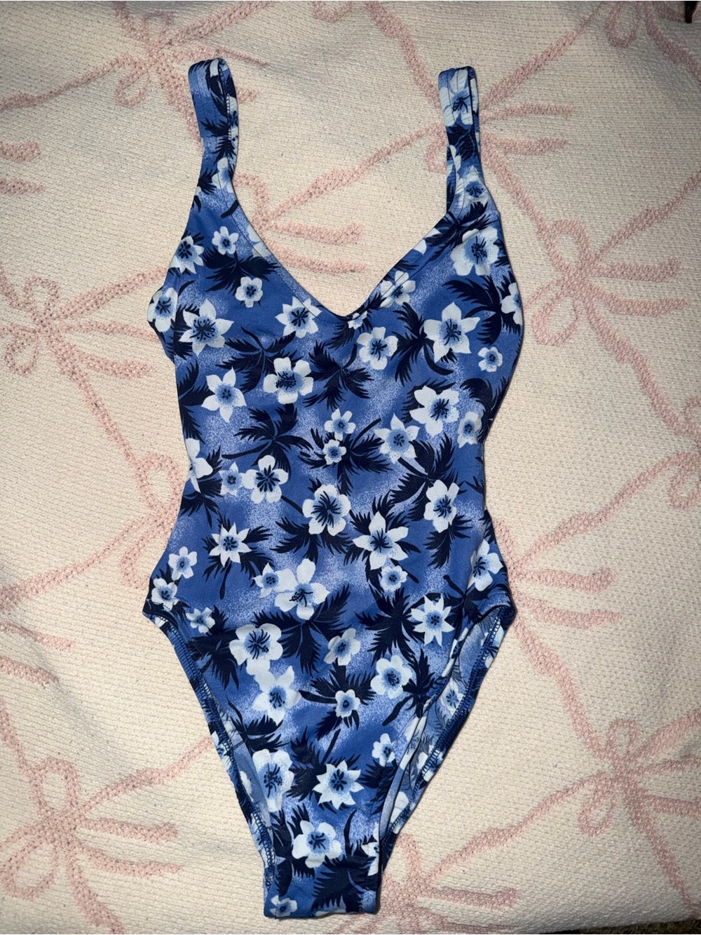 Women's Blue Floral One-Piece Swimsuit - Classic V-Neck